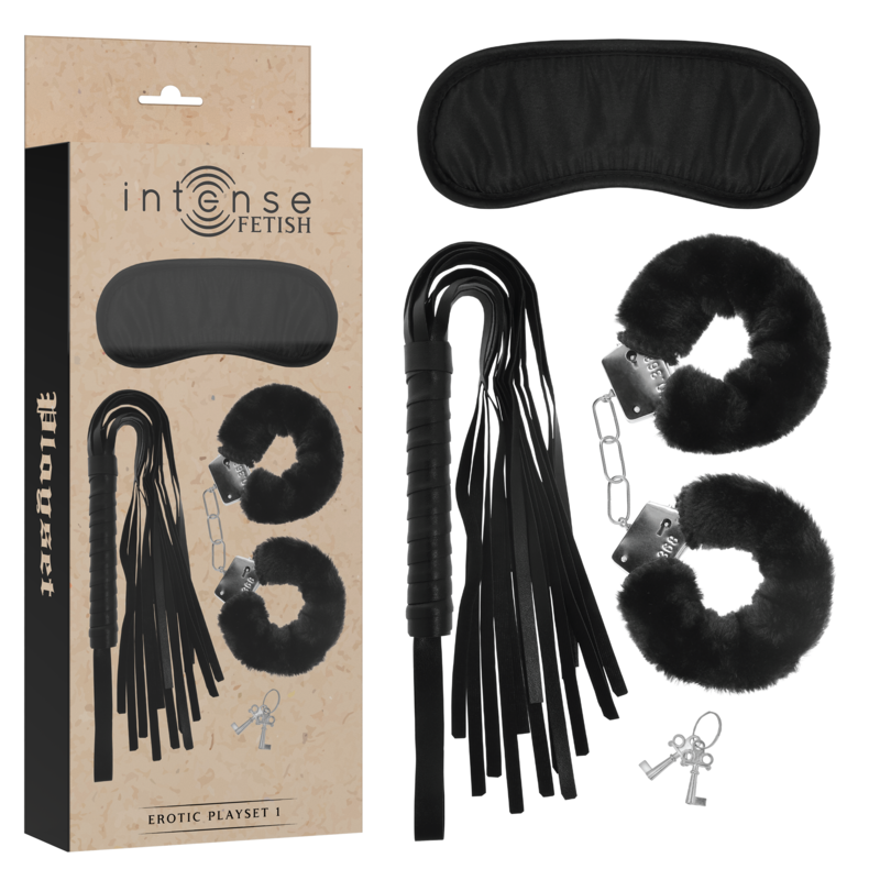 INTENSE FETISH - SET ERÓTICO 1 CON ESPOSAS, ANTIFAZ Y LÁTIGO DE CUERO VEGANO INTENSE FETISH