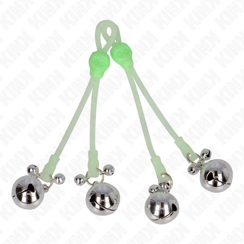 KINK - PINZAS PARA PEZONES LUMINOSAS FORMA CALABERA CON CASCABEL SONORO AJUSTABLE VERDE / PLATEADO KINK