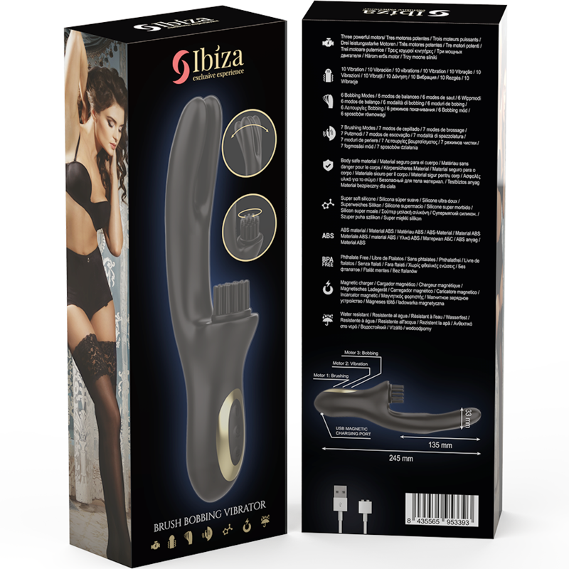 IBIZA - VIBRADOR HI-TECH RABITT BRUSHING MULTI CELDAS CLITORIALES Y DOBLE PINCHING NEGRO