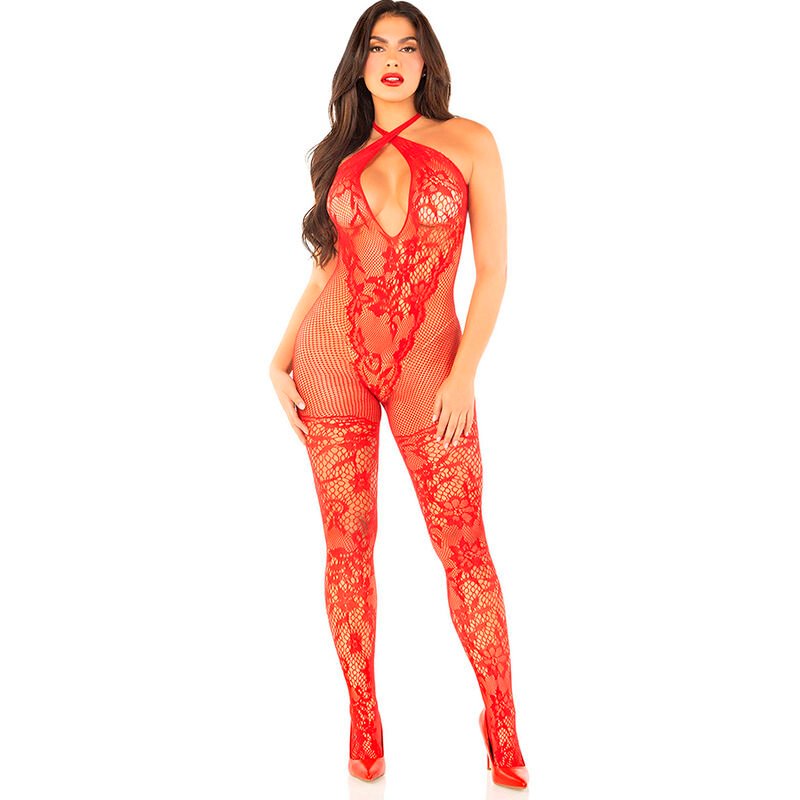 LEG AVENUE - BODYSTOCKING DE REJILLA CON ESTAMPADO DE FLORES ROJO TALLA ÚNICA LEG AVENUE BODYSTOCK
