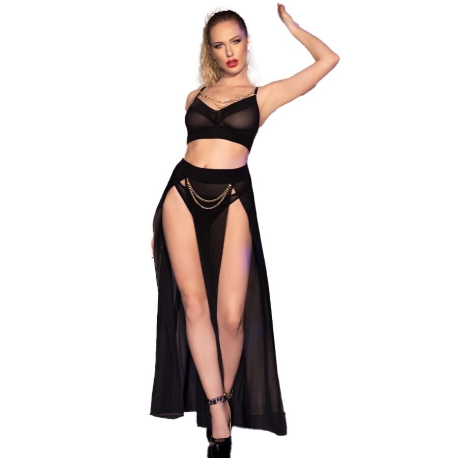CHILIROSE - CR 4672 TOP NEGRO FALDA Y TANGA CON CADENAS DORADAS M CHILIROSE SETS