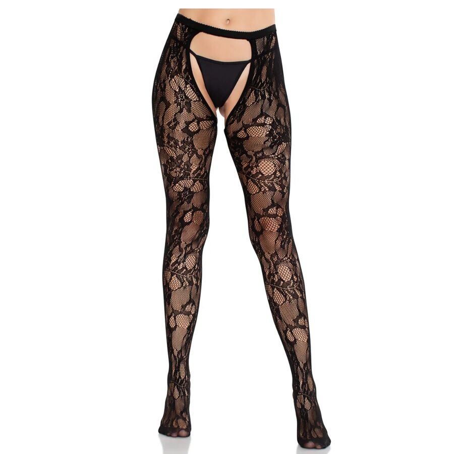 LEG AVENUE - MEDIAS DE ENCAJE DE ROSAS CON PARTE TRASERA ABIERTA NEGRO LEG AVENUE HOSIERY
