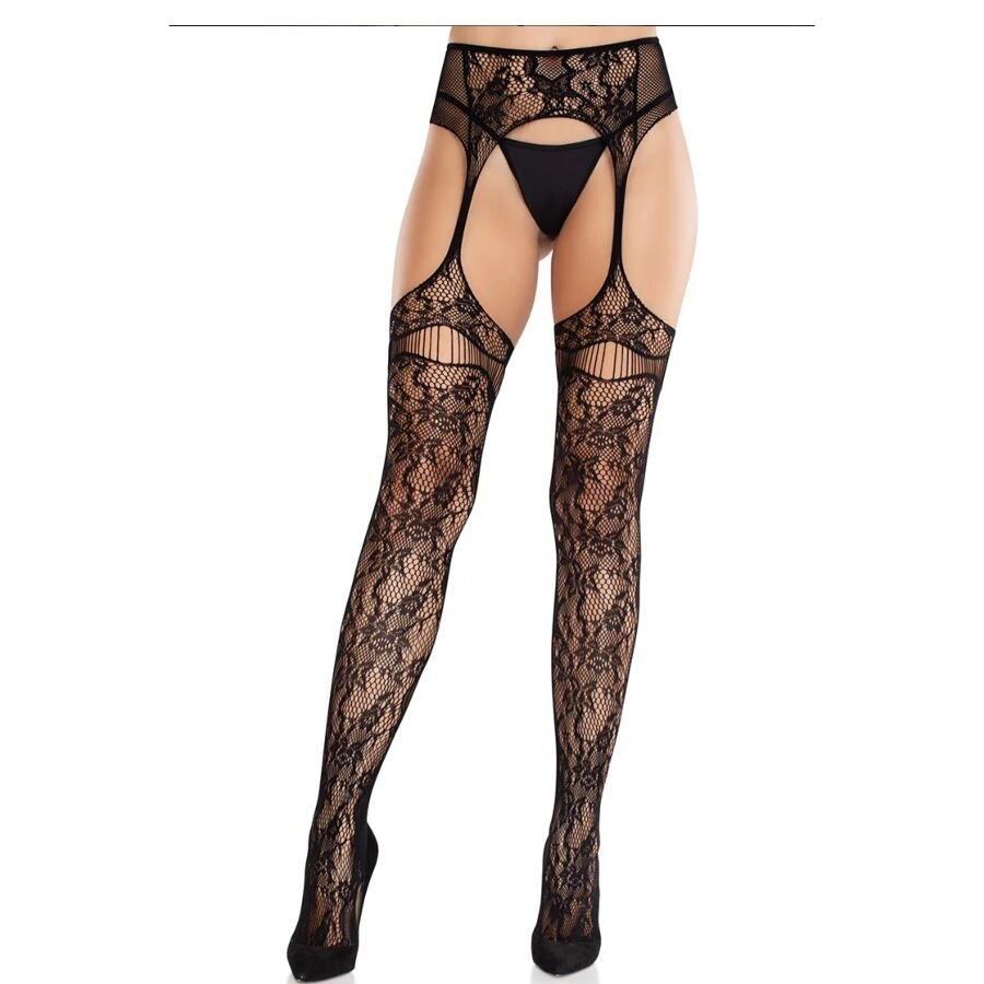 LEG AVENUE - MEDIAS DE ENCAJE CON LIGAS NEGRO LEG AVENUE HOSIERY