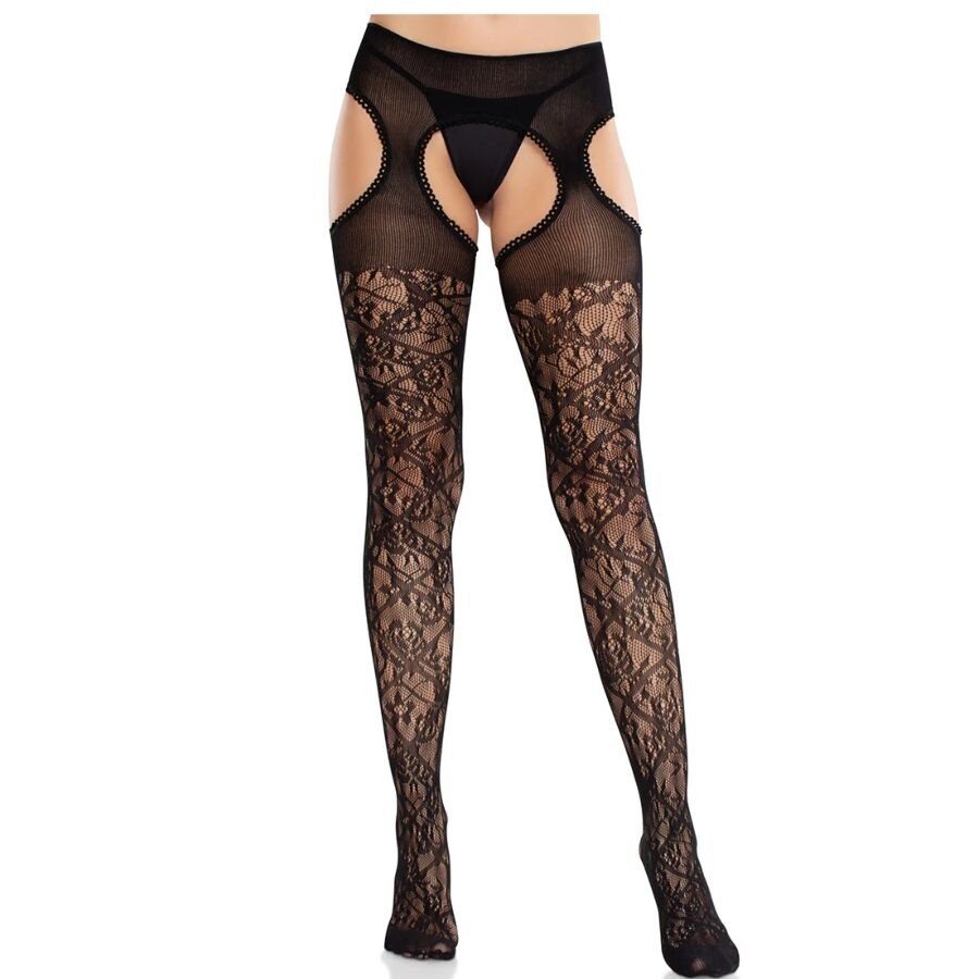 LEG AVENUE - MEDIAS DE ENCAJE FLORAL CON LIGAS UNIDAS NEGRO LEG AVENUE HOSIERY