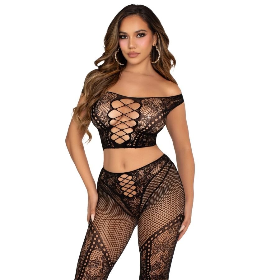 LEG AVENUE - CROP TOP Y LEGGING DE REJILLA CON HOMBROS DESCUBIERTOS NEGRO LEG AVENUE SETS