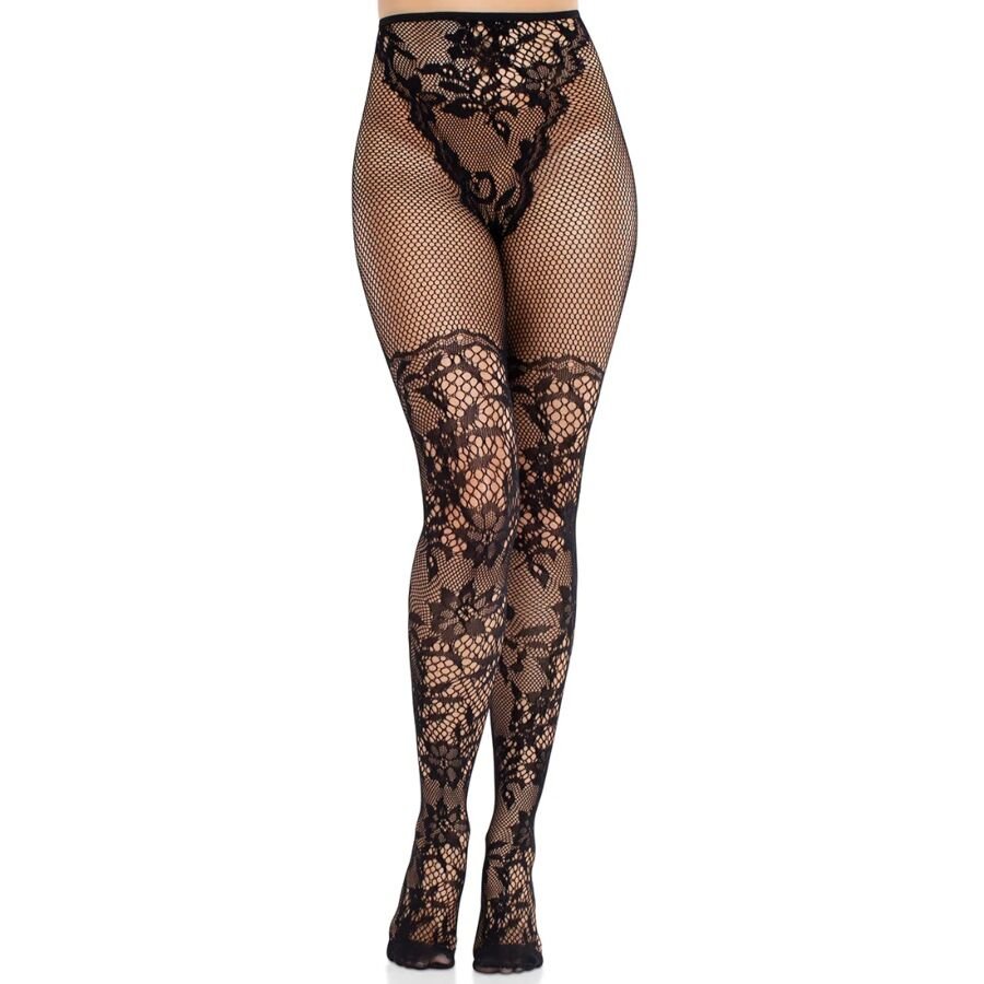 LEG AVENUE - MEDIAS DE ENCAJE DAHLIA CON DETALLE DE RED NEGRO LEG AVENUE HOSIERY