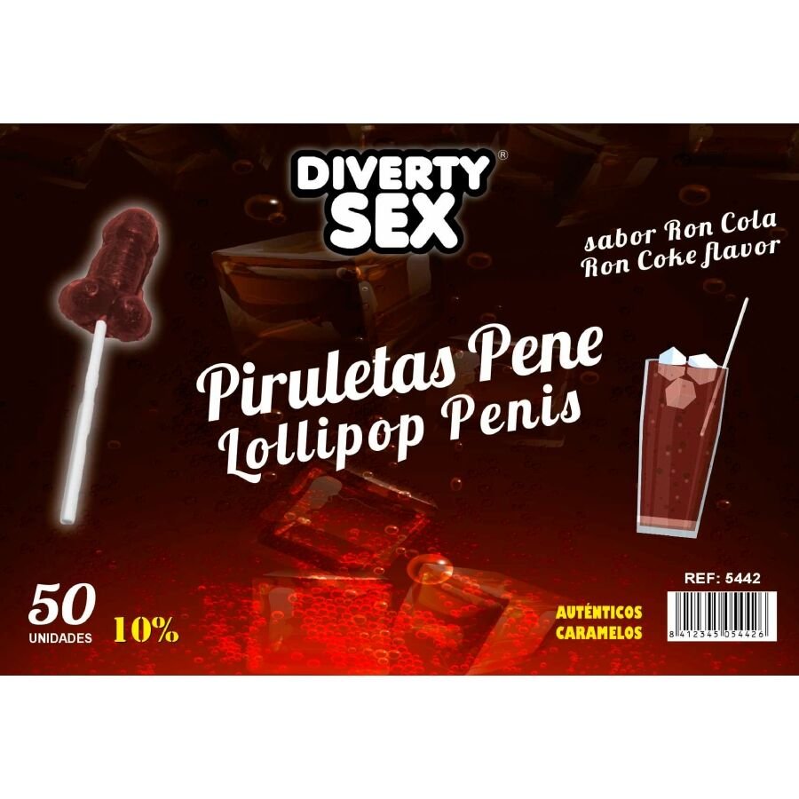 DIABLO GOLOSO - 50 PIRULETAS PENE RON COLA 10% ALCOHOL DIABLO GOLOSO