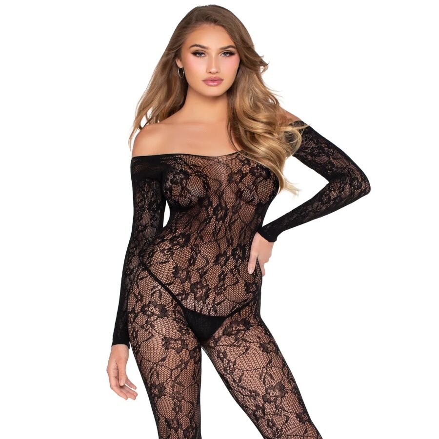 LEG AVENUE - 89366 BODYSTOCKING DE LENCERÍA DE ENCAJE NEGRO - TALLA ÚNICA LEG AVENUE BODYSTOCKINGS