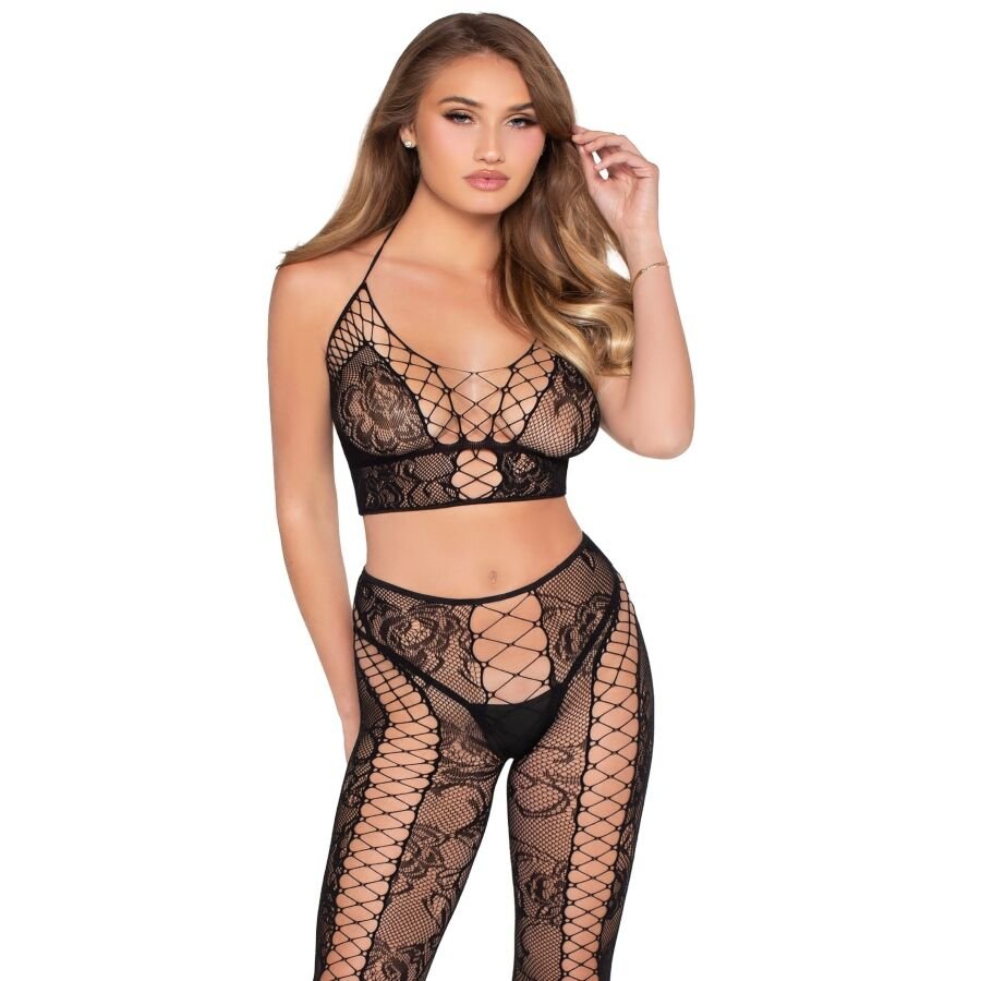 LEG AVENUE - 89368 NET & LACE CROP TOP AND TIGHTS BLACK - ONE SIZE