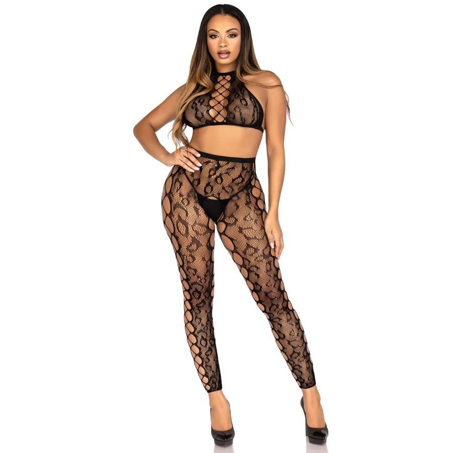 LEG AVENUE - 89372 CROP TOP & CROTCHLESS TIGHTS BLACK - ONE SIZE