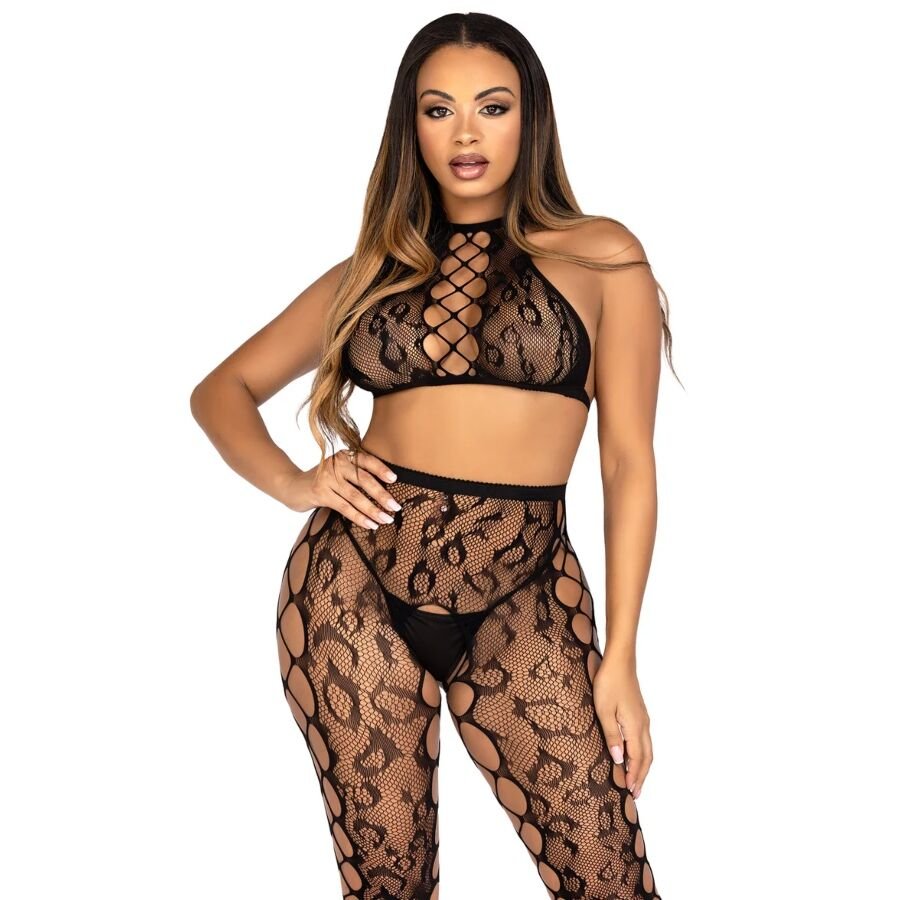 Leg Avenue - 89372 Crop Top & Crotchless Tights Black - One Size
