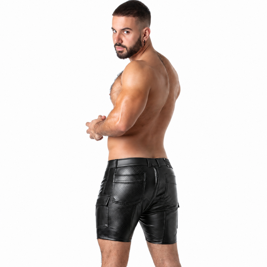 LOCKER GEAR - PUNCH HOLE LEATHERETTE CARGO SHORTS BLACK L