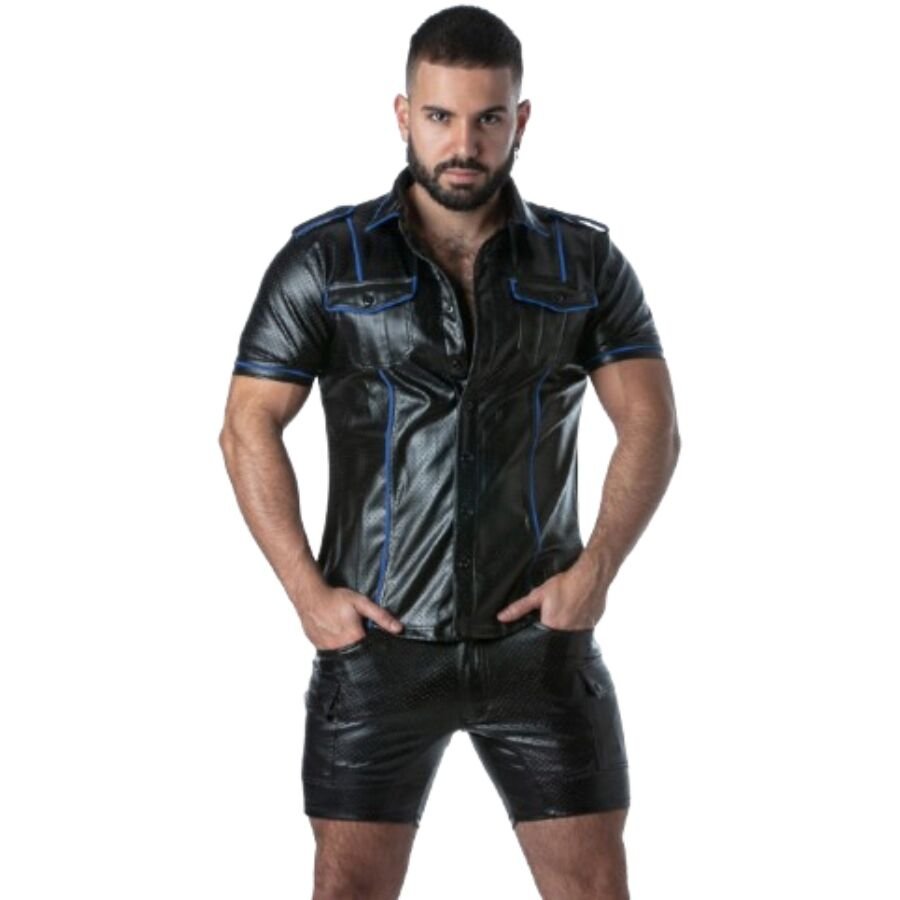 LOCKER GEAR - PUNCH HOLE LEATHERETTE SHIRT BLUE M LOCKER GEAR